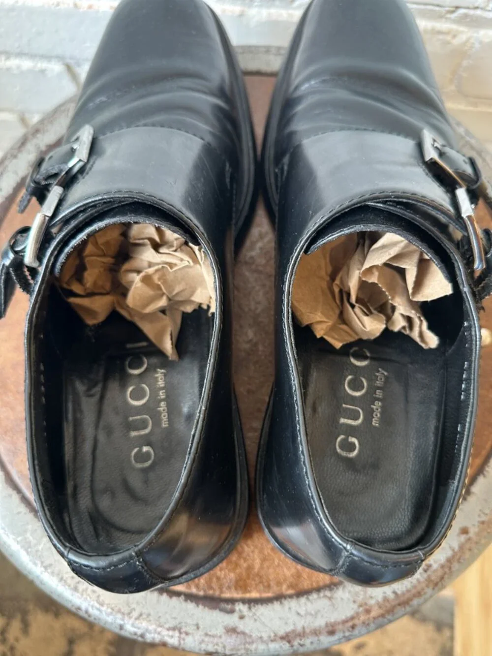Gucci Men's Black Leather Double Monk Strap Dress Shoes Loafers - US Size 10